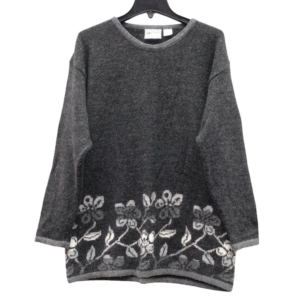 Maglia Donna Vintage Grey Wool Knit Floral Crewneck Long Sleeve Sweater EUC M